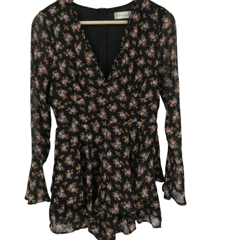 Altar'd State Floral Sheer Shorts Romper Size M Metallic Ruffle Bell Sleeve